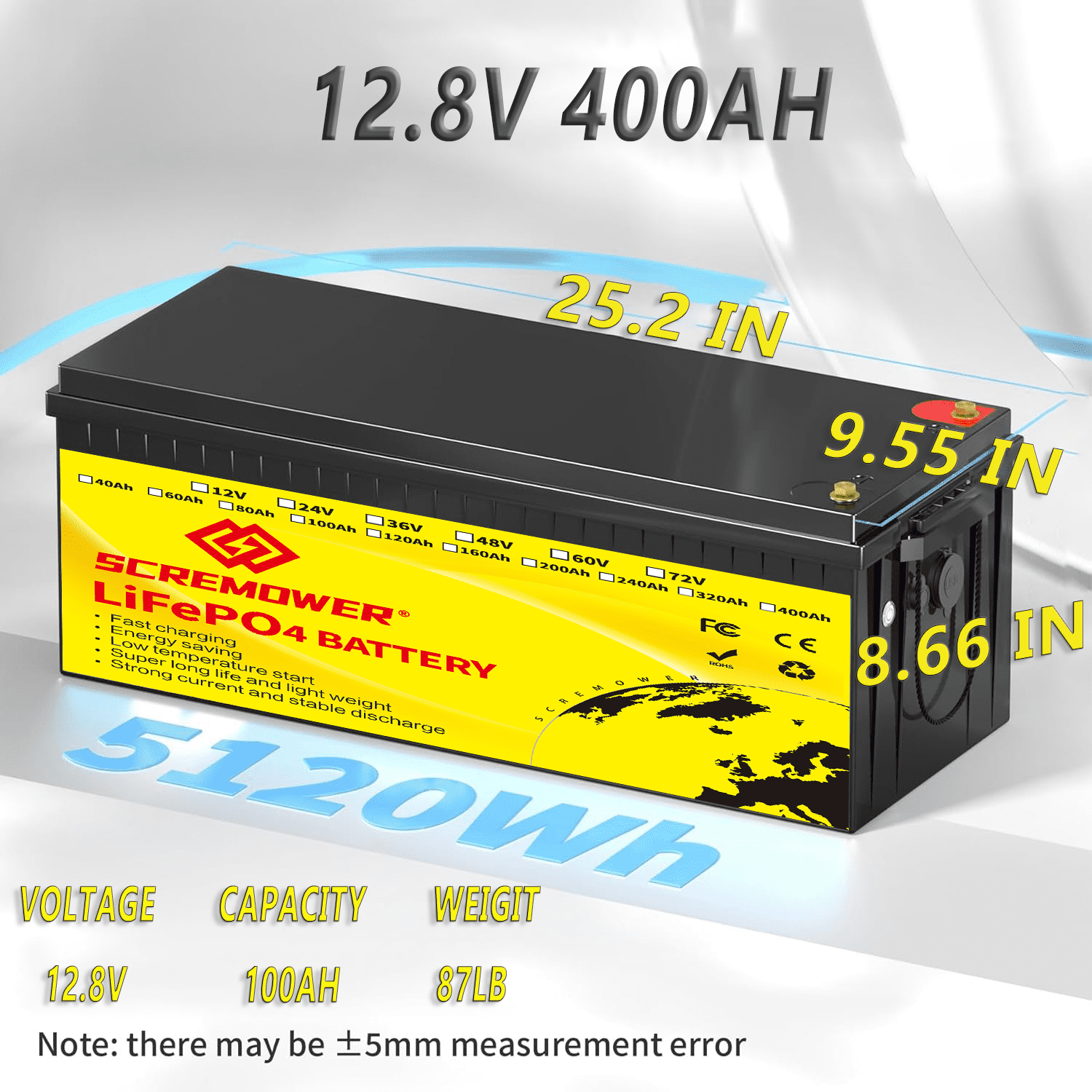 SCREMOWER 12V 400AH LiFePO4 Lithium Iron Battery Built-in 200A BMS for RV, Golf Cart