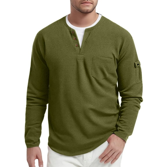 Resicozy Long Sleeve Henley Shirts for Men Casual Waffle Fashion Solid Color Pullover 3-Button T-Shirt with Pocket Army Green 2XL