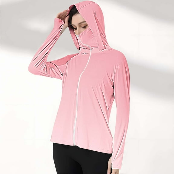 qelini Sun Protection Lightweight Jacket for Women with Zipper Long Sleeve Shirt with Thumb Hole Quick Dry Gradient Color Clothing for Outdoor Hiking Clothing