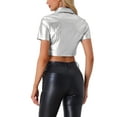 thumbnail image 3 of INSPIRE CHIC Pu Leather Short Sleeve Button Down Shirt Blouse Crop Top Jacket Silver S, 3 of 5