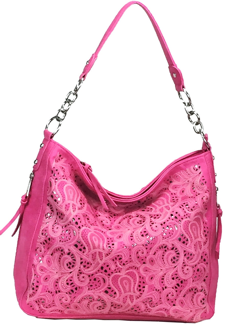 Zzfab Laser Cut Hobo fashion purse Faux Leather Hobo Bag Hot Pink