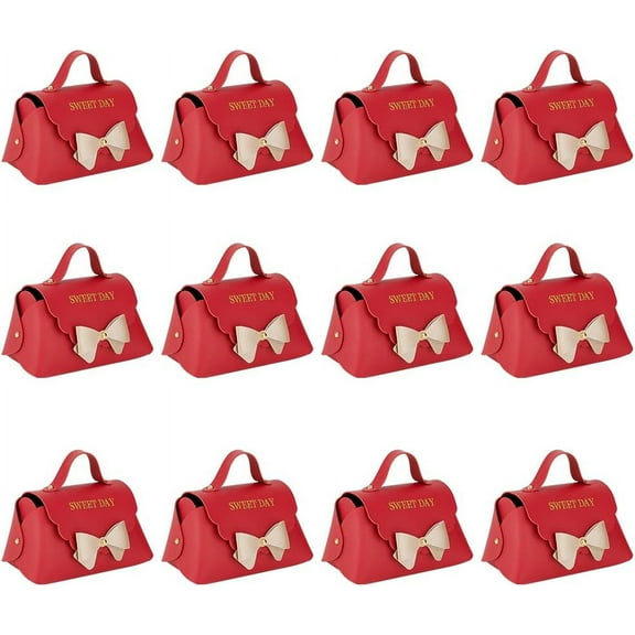 12 Pack Leather Bowknot Gift Boxes with Handle 5.1x2.7x3.15 inch Red PU Leather Mini Handbag Candy Gift Box Reusable Party Favor Candy Boxes