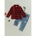 thumbnail image 2 of GXFC Little Boys Fall Casual Outfits Clothes 3T 4T 5T 6T 7T Kids Boys Long Sleeve Button Down Plaid Pattern Shirt and Ripped Denim Pants 2 Piece Autumn Clothing for Toddler Children Boys, 2 of 8