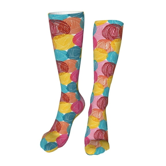 Xecao Colorful Wool Balls Print Calf Socks Seamless Toe, Knee High Long Socks, Sports Socks Trouser Socks for Women and Men-One Size