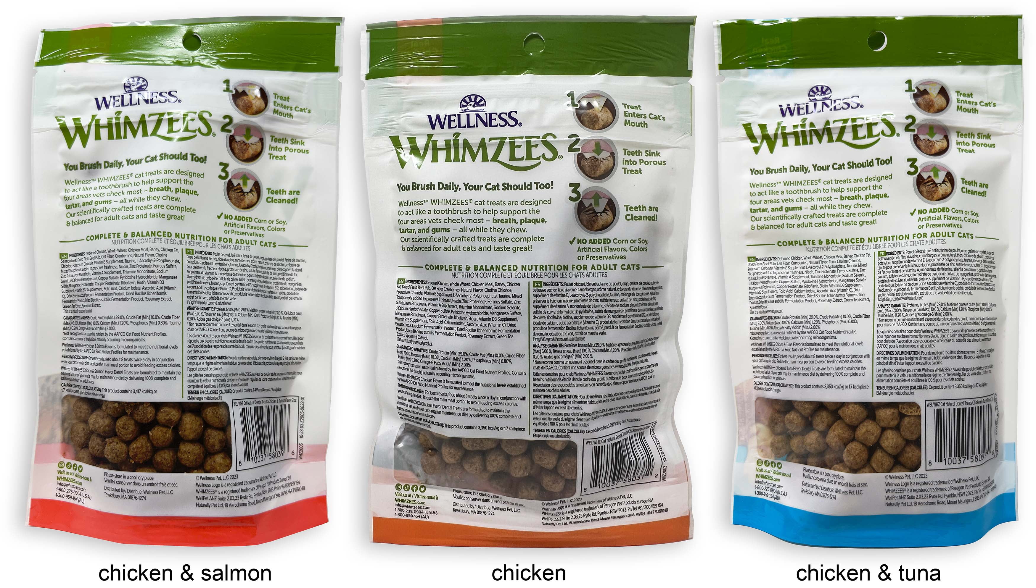 Wellness Whimzees Natural Dental Treats Variety - 3 flavors - 1 each: Chicken, Chicken & Tuna, Chicken & Salmon (2 oz) + MerlinsMart Zine | Catnip Toy