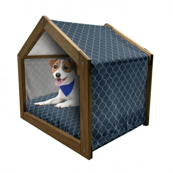 Geometric Pet House, Lattice Pattern with Dots and Curved Lines Abstract Traditional Motifs, Outdoor & Indoor Portable Dog Kennel with Pillow and Cover, 5 Sizes, Dark Blue Cream, by Ambesonne