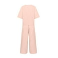 thumbnail image 4 of JUNWELL Femmes 2 Pièce Lin Salon Ensemble Casual Baggy Solide Col Rond Manches Courtes Tops Large Jambe Pantalons Tenues Survêtements, 4 of 5