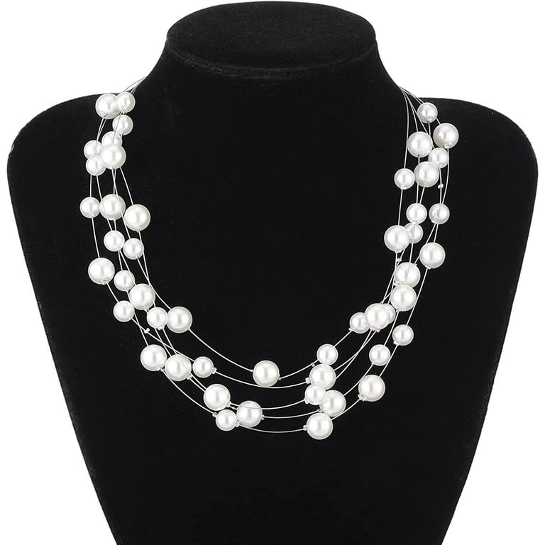 Black and White Pearl Short Graduated Layer Crystal Necklace