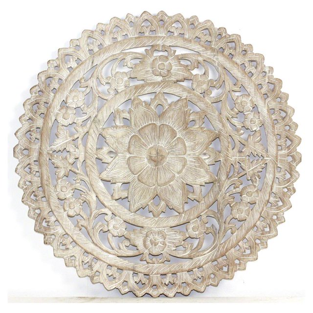 Strata Furniture 24x24" Round Traditional Wood Lotus Panel in Sand Washed Beige