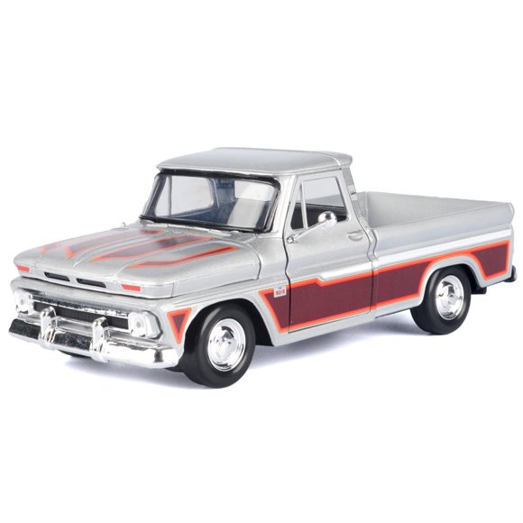 Camionnette Chevrolet C10 Flleetside 1966 Argent Métallique avec Côtés Bruns Série « American Classics » Voiture Modèle Moulée sous Pression 1/24 par Motormax