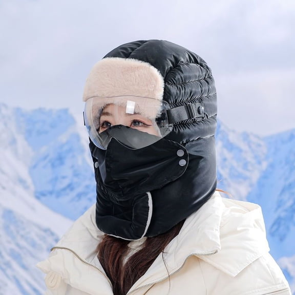 Cadancy 3 In 1 Trapper Hat for Women Furry Trooper Hunting Russian Ushanka Ear Flaps and Mask Goggles Windproof Cold Weather Skiing Hiking Cycling Outdoor Warm Coverage Snow Caps