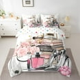 thumbnail image 2 of Manfei Women'S Perfume Lipstick Bedding Comforter Set 7-Piece,Silver High Heels King Bedding Sets,Pink Romantic Flower Bed Sheets For Girls,Luxury Bedroom Decor,Reversible, 2 of 8