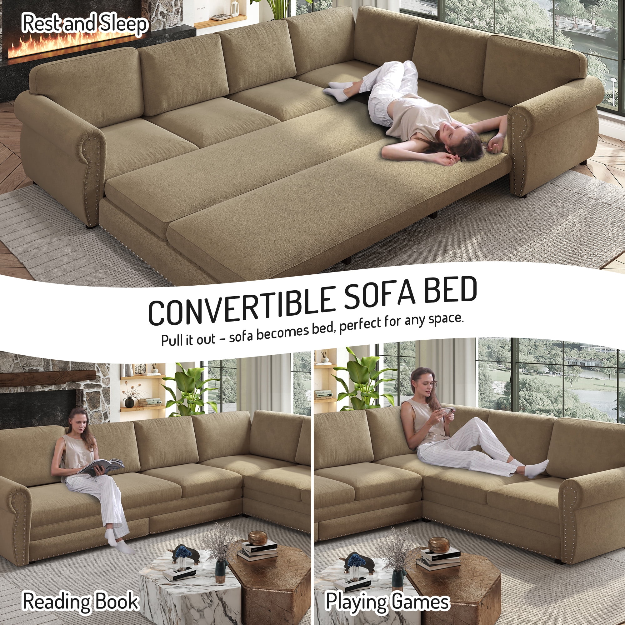 LLappuil Sectional Sofa, Pull Out Sofa Bed King Size, 6 Seat Chenille Sofa Couch Convertible Sleeper Sofa Bed for Living Room Camel