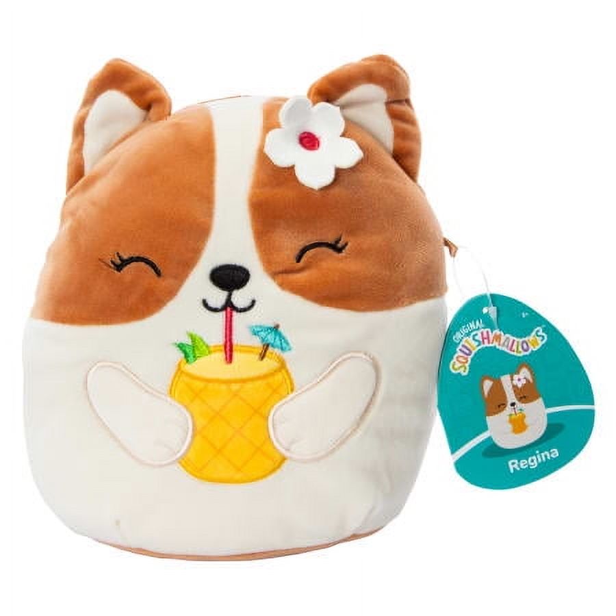 Squishmallows Official Kellytoys 7.5 Inch Regina the Corgi Dog Holding Coconut Drink Summer Squad Ultimate Soft Plush Toy
