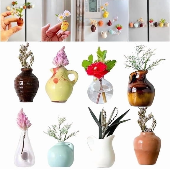 8 Pack Mini Ceramic Vase Magnets for Fridge,Cute Tiny Plant Vase Fridge Magnets for Kitchen Refrigerator Office Locker Decoration with Flowers
