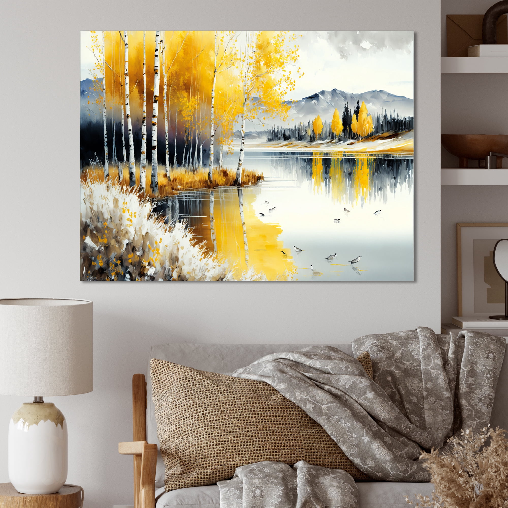 Designart Monochrome Golden Birch Trees By The Lake IV Canvas Wall Art