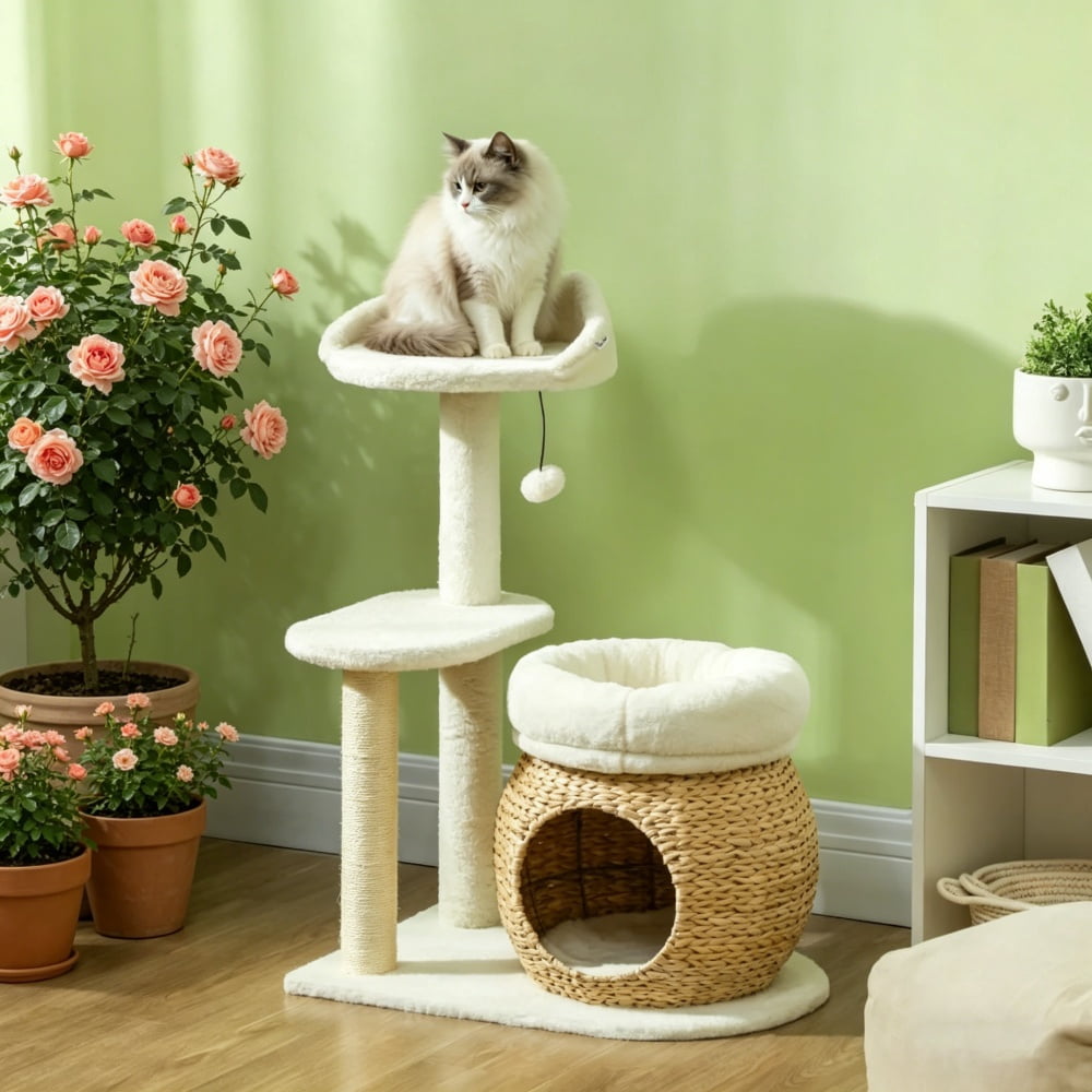 Cat Tree Activity Play Center, Cream White Cat Tower with Scratching Posts, Platform, Toy Ball, Cat Condo and 2 Beds, Soft Bunny Velvet Cat Furniture for 1-2 Cats Up to 11 lbs