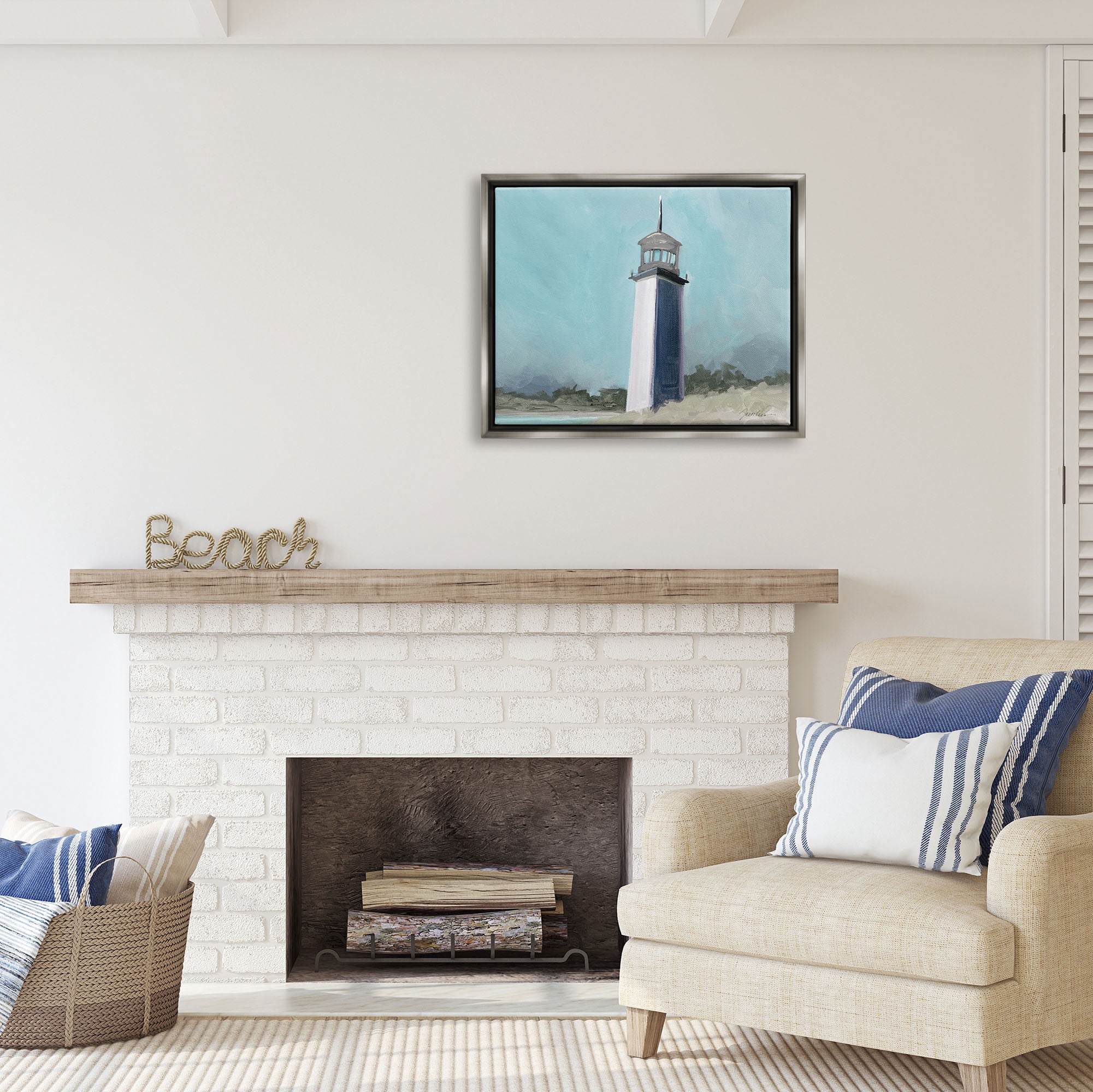 Stupell Industries Muted Lighthouse Landscape Nature Painting Gray Floater Framed Art Print Wall Art, 31 x 25