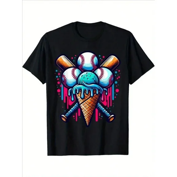 children’s wear Funny Retro Baseball Ice Cream Cone Graphic Tee Cute Sports Summer T-Shirt for Kids Boys and Girls