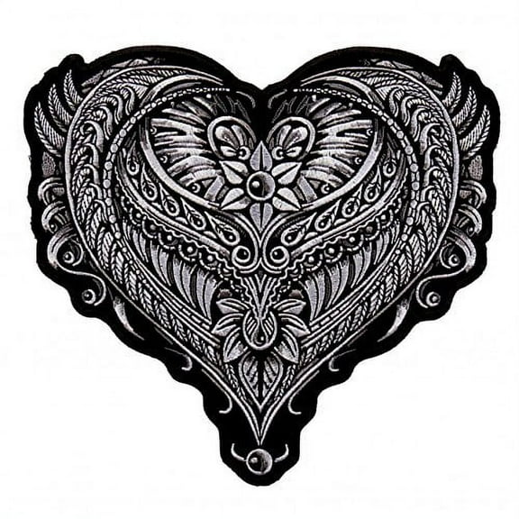 ORNATE HEART, High Thread Embroidered Iron-On / Saw-On, Heat Sealed Backing Rayon PATCH - 8" x 8"