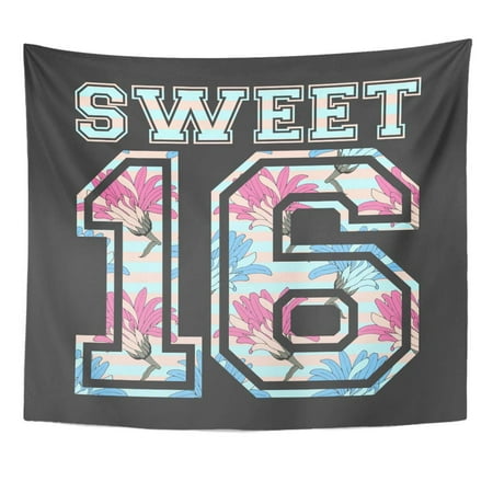 UFAEZU Pink 16Th Sweet 16 in College Style Sixteenth Girl Birthday with Flower Number Pattern Idea Woman Wall Art Hanging Tapestry Home Decor for Living Room Bedroom Dorm 51x60