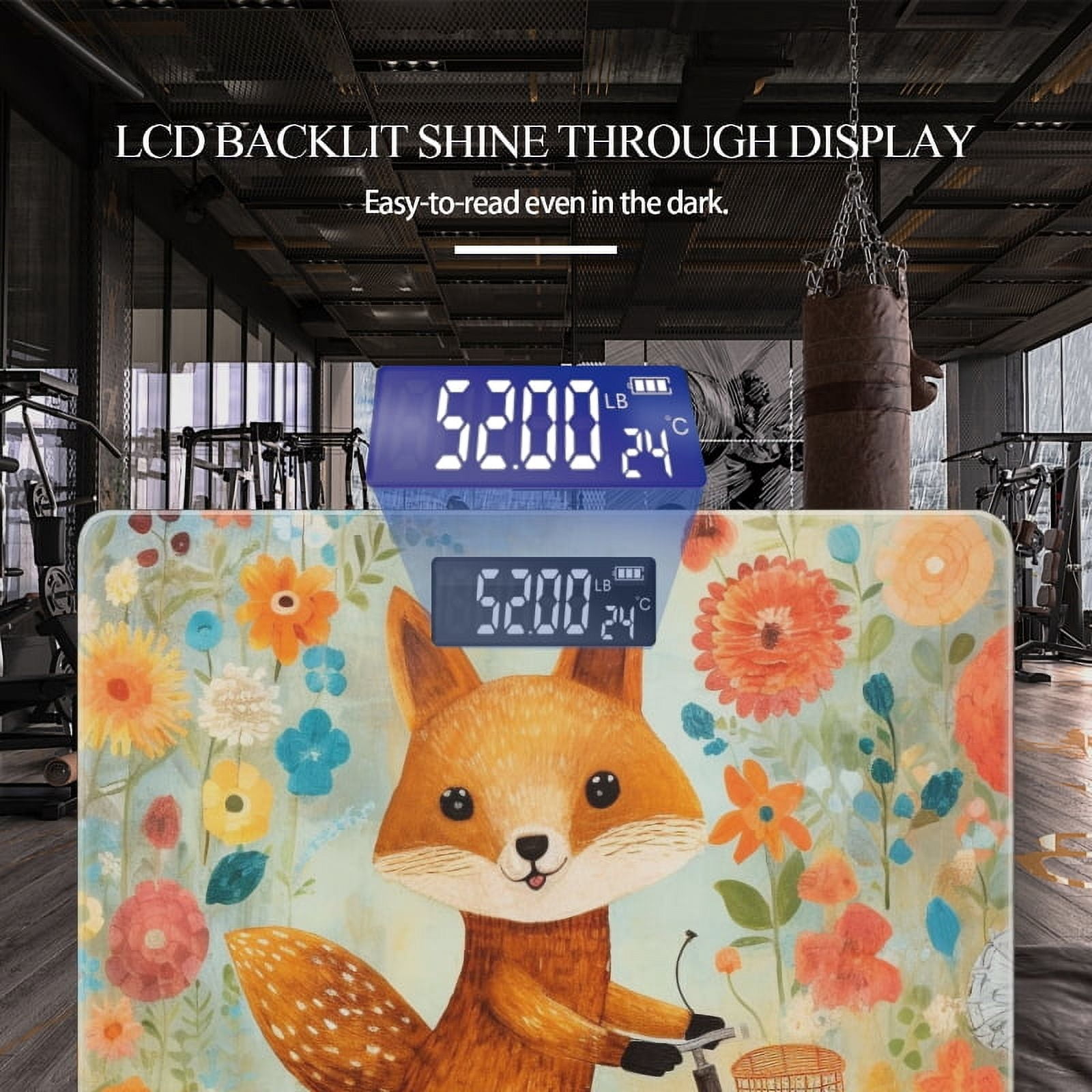 High Precision Body Weight Scale Smart Bathroom Scales with Large LCD Display(400lbs),Decorative for Bedroom-Cute Fox Riding Bicycle And Surrounded By Colorful Flowers