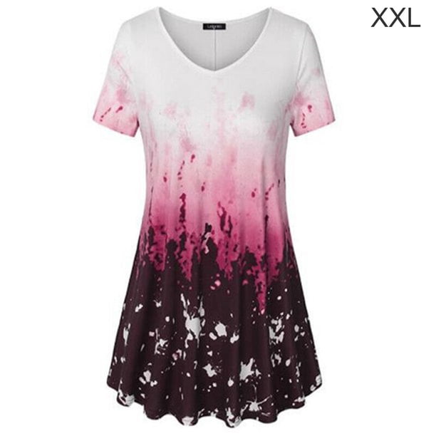Camiseta de mujer Blusa informal con estampado degradado Vestido suelto con cuello en V, Rojo, XXL Speravity AP001902-29