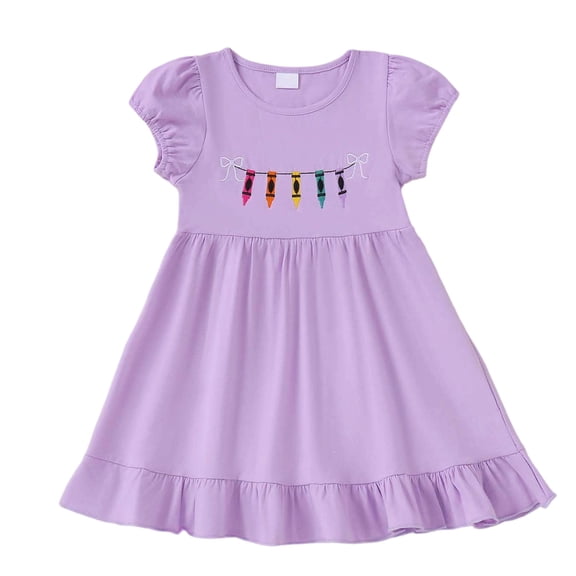 YDFCWXW Toddler Baby Girl Back to School Dress Crayon Bow Embroidery Puff Sleeve Dresses Summer Clothes (Light Purple, 3-4 Years)