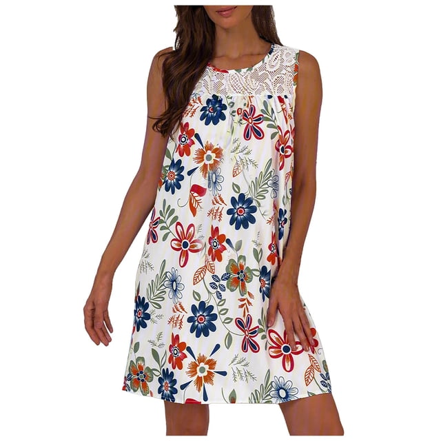 Fridja Womens Casual Épissage Dentelle Imprimé Floral Col Rond Robe Sans Manches