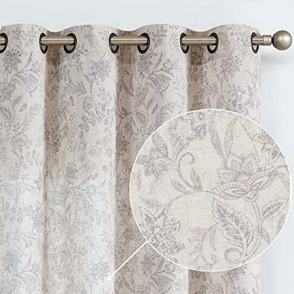 Linen Farmhouse Curtains for Living Room 63 Inch Length Floral Print Window Curtains Semi Sheer Drapes for Bedroom Country Light Filtering Curtain Grommet Top 2 Panels Purple Grey on Beige