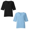 thumbnail image 4 of GigrtiJin 2pc Women's Plus Size Casual Shirt Fashion 3/4 Sleeve V-Neck Pullover Side-Slit Solid Color Cotton Linen Tops, 4 of 6