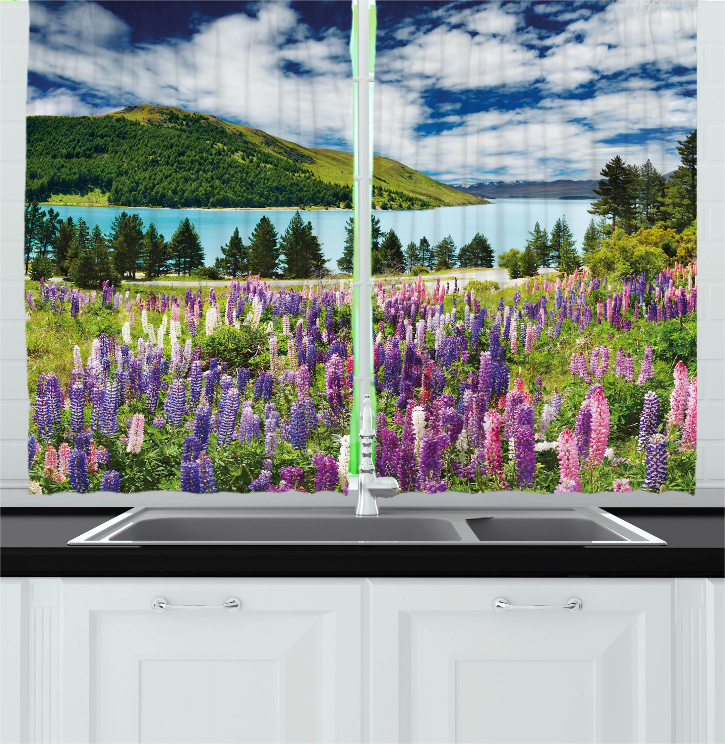 Nature Curtains 2 Panels Set, Floral Mountain Meadow Valley by Lake