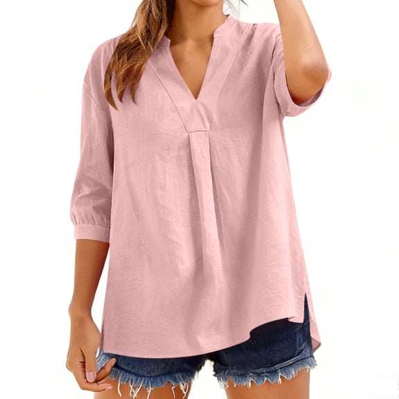 Gamivast Linen Tops for Women Loose 3/4 Sleeve V Neck Comfy Going out Shirts Holiday Drop Shoulder Solid Dressy Casual Blouse Summer Wear