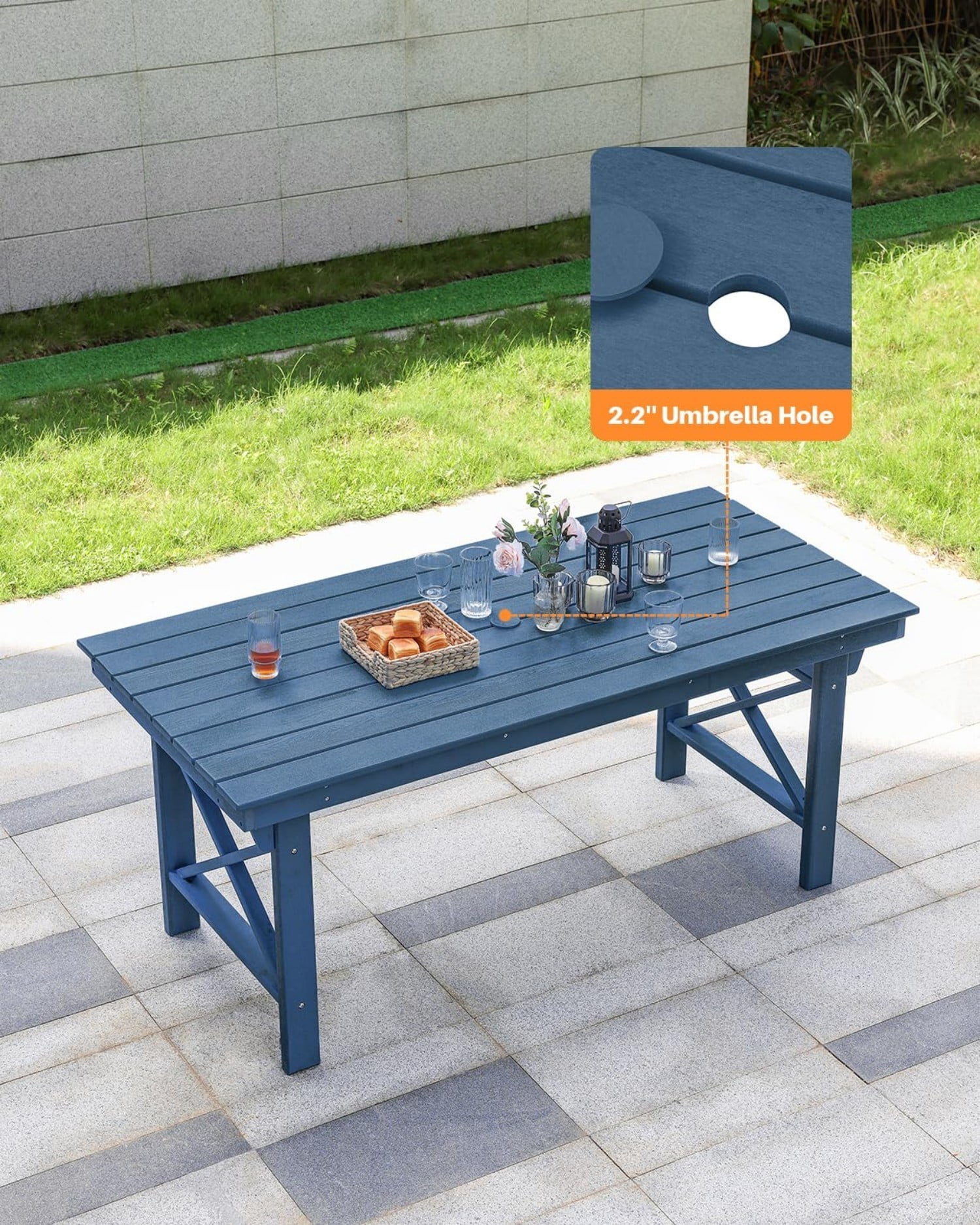 HDPE Outdoor Dining Table for 6, 66.9" Rectangular Patio Dining Table with 2.2" Umbrella Hole, All-Weather Outdoor Table for Backyard, Deck, Garden, Poolside, Navy
