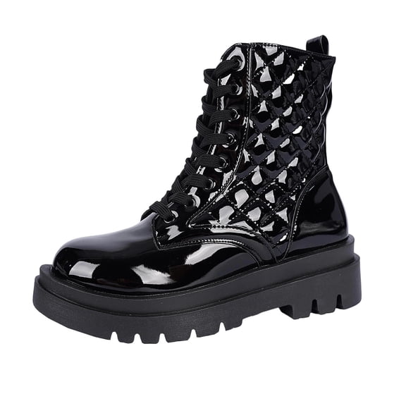 Womens Lug Sole Platform Ankle Booties Chunky Block Low Heel PU Faux Leather Combat Boots Lace up Motorcycle Riding Boots with Side Zipper Size 36-43 Black-B