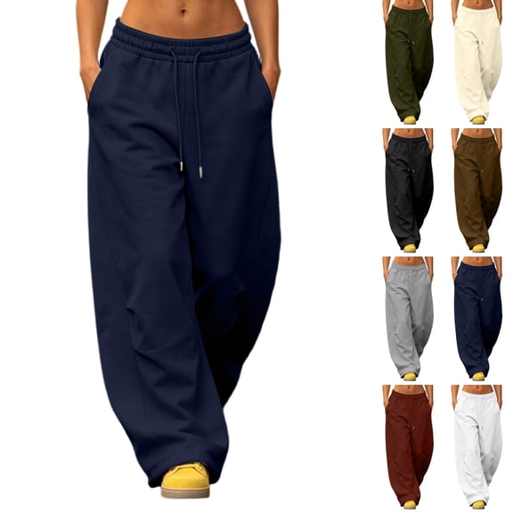 Sentuca Wide Leg Sweatpants for Women Baggy High Waisted Drawstring Pants with Pockets Workout Fashion Solid Color Trousers Navy M
