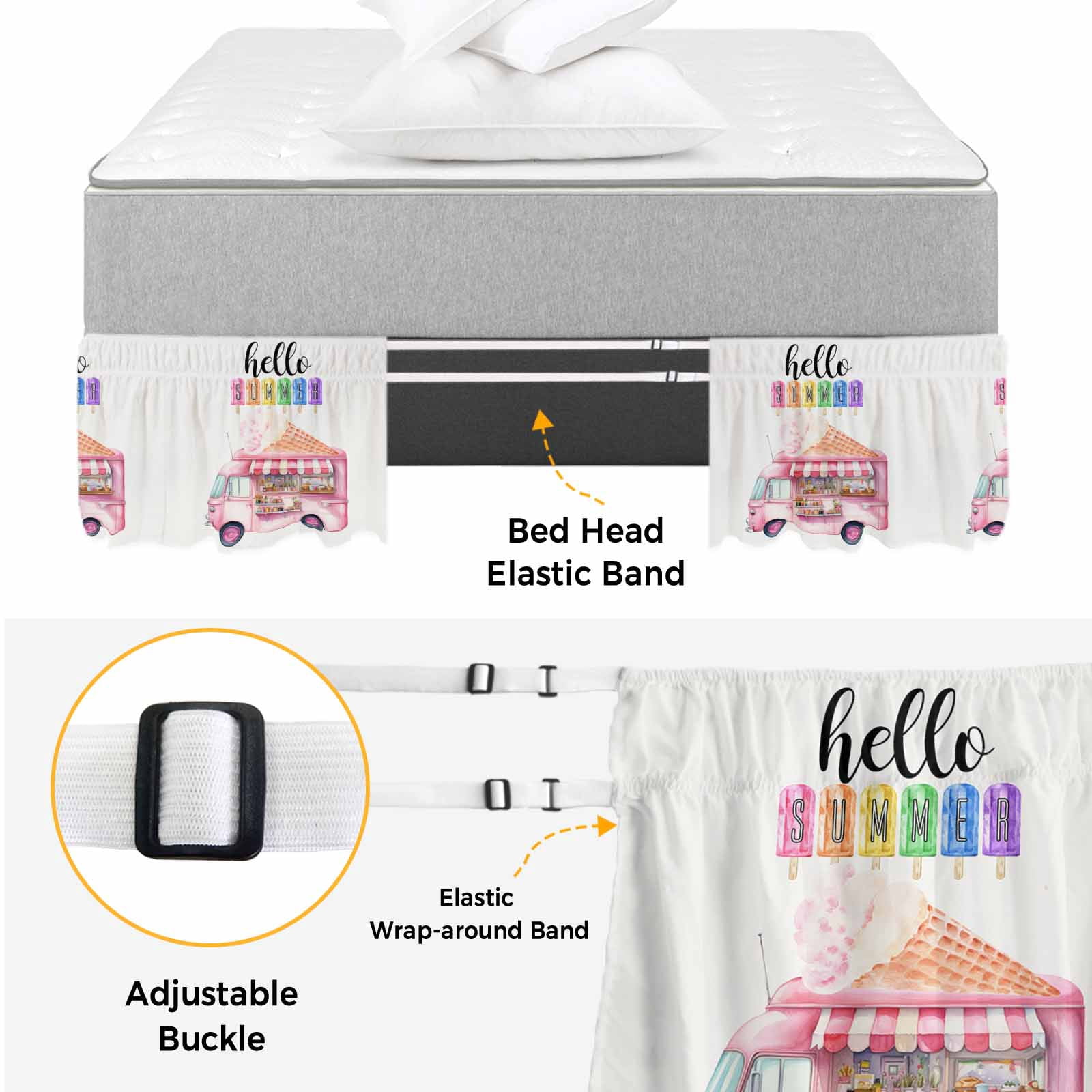 Hello Summer Bed Skirt Queen Size, Pink Ice Cream Truck Watercolor Wrap Around Bed Skirting with Adjustable Elastic Strap, Dust Ruffle Pleated Bedskirts 16 Inch Drop for Bedroom Queen Beds