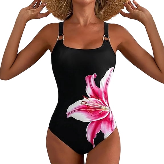 Womens Bathing Suits, Swim Dress Women, Ladies Swimsuits, One Piece Swimsuit Women, Women'S Metal Ring Wide Straps One Piece Swimsuit Floral Print Tummy Control Bathing Suit, Black L