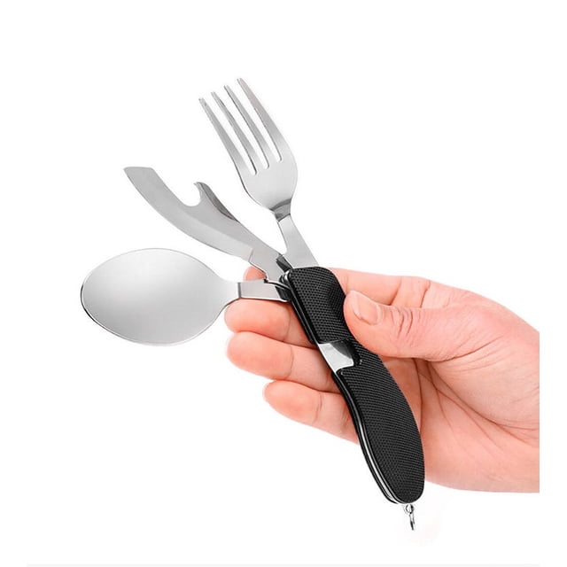 Juego de cubiertos y utensilios de cocina de acero inoxidable para acampar, equipo de preparación y suministros para cocinar en acampada, (negro)