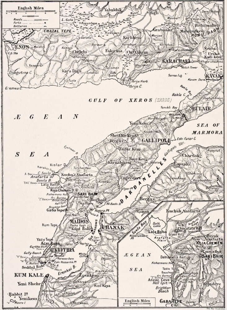Detailed Map Of Gallipoli Peninsula And The Dardanelles Turkey In 1915 Showing British And Allied Landing Beaches From The War Illustrated Album Deluxe Published London 1916 Canvas Art - Ken Welsh De