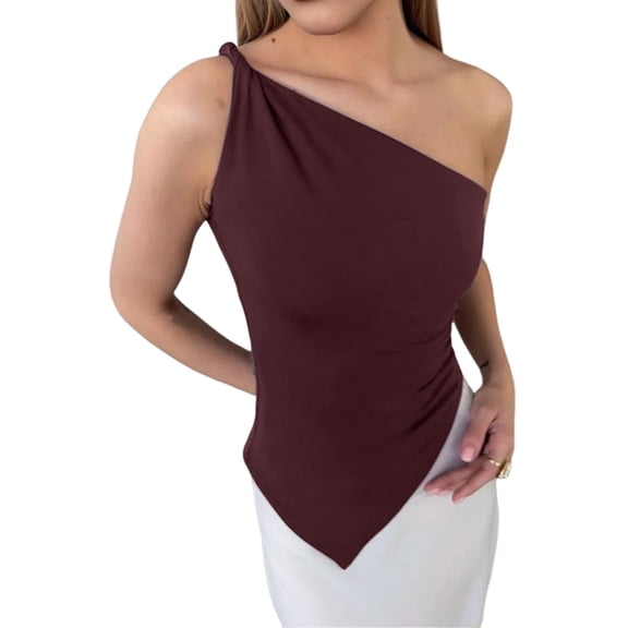 Womens Summer Y2K Tops Sleeveless One Shoulder Slim Fit Shirts Ruched Knit Asymmetrical Top Blouse Reddish-Brown L