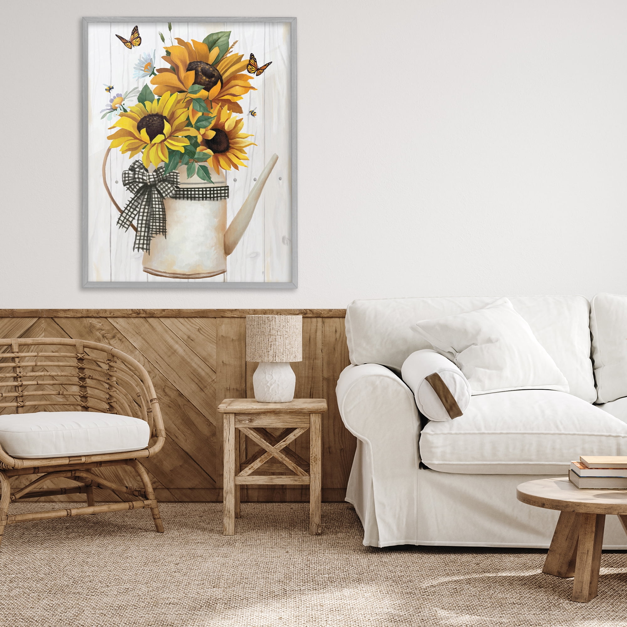 Stupell Industries Sunflower Trio in Watering Can Gray Framed Giclee Art, design by Lucca Sheppard
