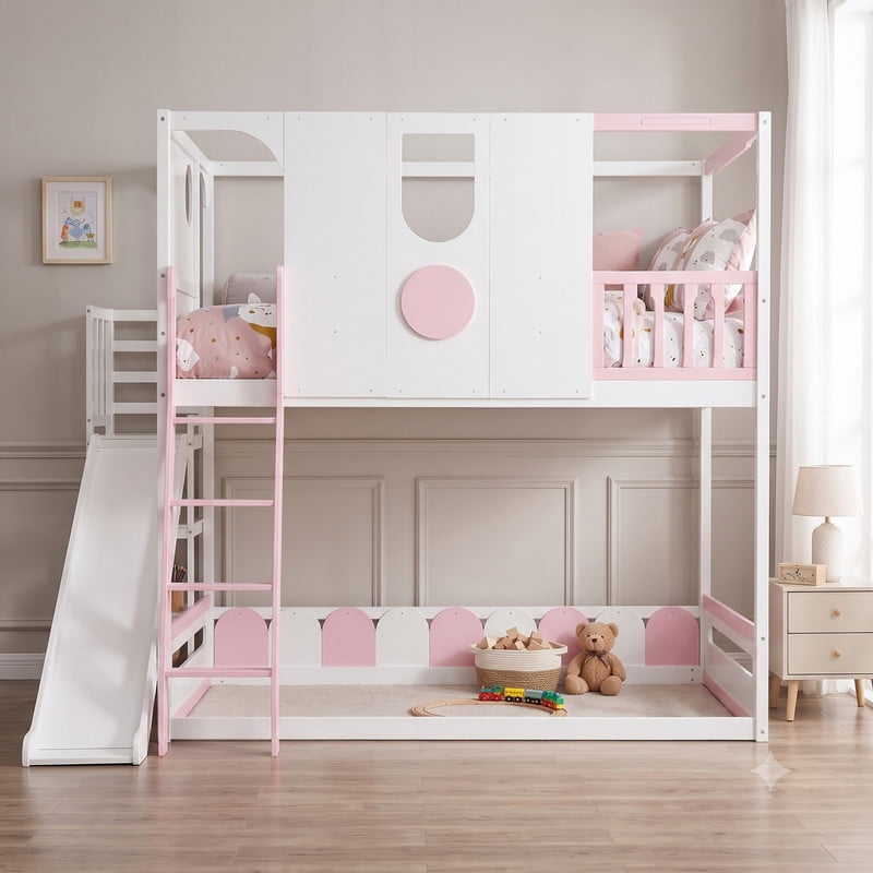 Full Size Versatile Kids Loft/Bunk Bed with Floor Bed, House Bed Frame with Slide, Storage Shelves and Guardrails