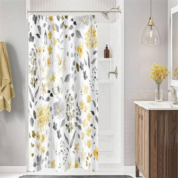 Coral Floral Shower Curtain, Watercolor Flower Fabric Shower Curtain for Bathroom, Cute Wildflower Butterfly Cloth Shower Curtain Set with Hooks, 72x72
