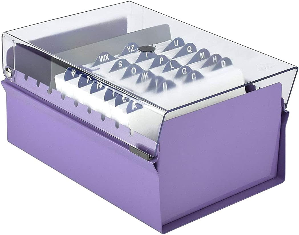 Acrimet 4 x 6 Card File Holder Organizer Box Metal Base Heavy Duty (AZ Index Cards and Divider Included) (Purple Color with Clear Crystal Plastic Lid Cover)