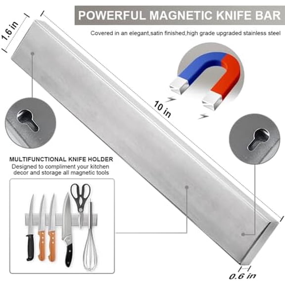 10 Inch Magnetic Knife Strip, Premium Stainless Steel Wall Mounted Kitchen Knives Bar,Space-Saving Powerful No Drilling Magnetic Knife Rack for Home Kitchen Utensil Holder & Tool Holder