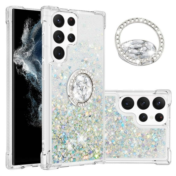 CCSmaller Glitter Clear Sparkly Bling Case for Samsung Galaxy S23 Ultra , Flowing Liquid Quicksand Cover with Diamond Ring Holder Case for Samsung Galaxy S23 Ultra LSZ Silver