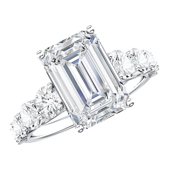 Rosec Jewels IGI Certified Lab Grown Diamond Engagement Ring (E-VS1 Grade) - 4 Carat Emerald Cut Diamond Ring with Side Stones, 925 Sterling Silver, US 4.00