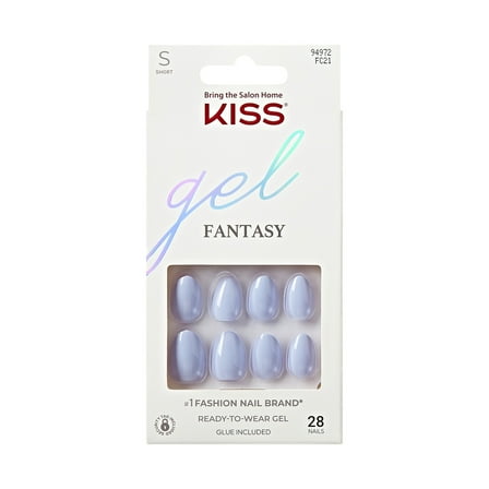 KISS Gel Fantasy Press on Nails, Day1, Blue, Short Almond, 28 Count