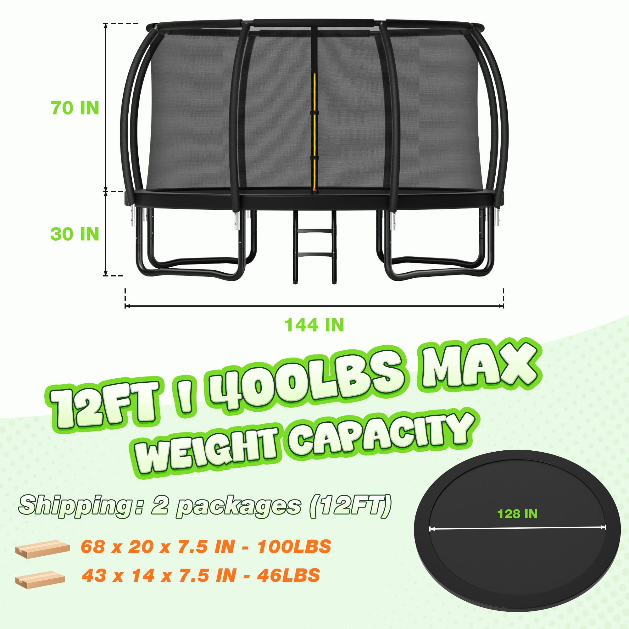12FT Trampoline for Kids and Adults, Recreational Outdoor Trampoline with Enclosure Net & Ladder, Anti-Rust Bounce Trampoline